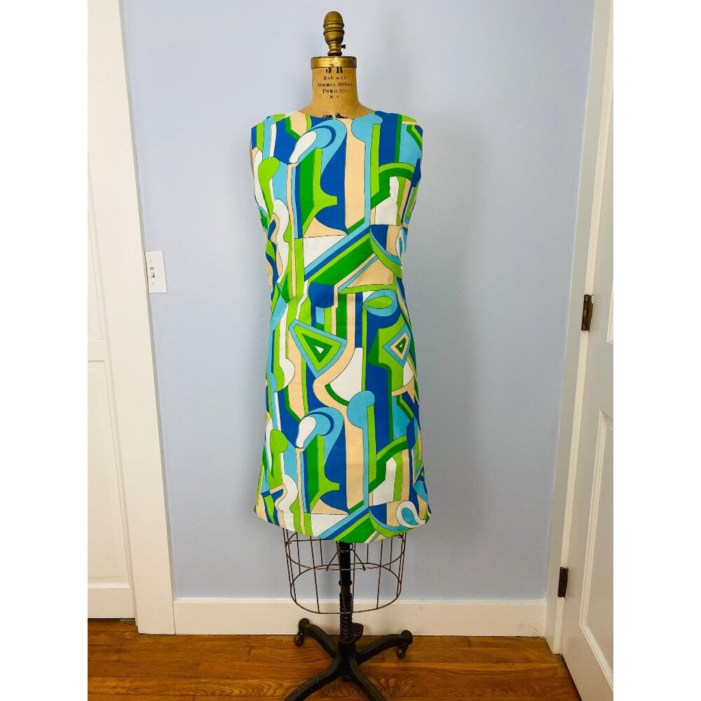 Vintage 1960s Contessa Sleeveless Shift Sheath Dress, Size S Blue Green Abstract